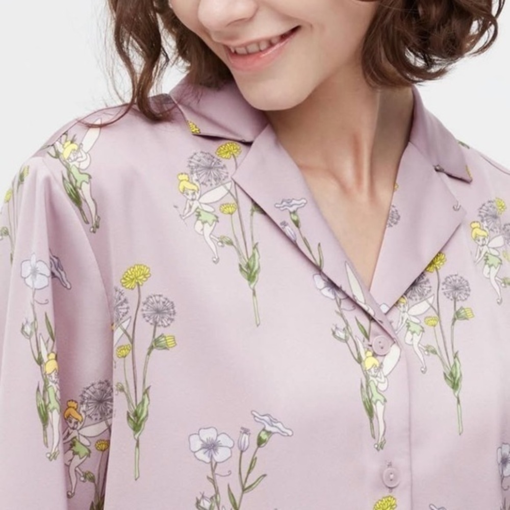 🥑Uniqlo Tinkerbell pajama top small button down mauve Disney